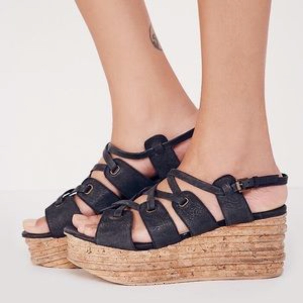 - Free People Cork Platform Leather Strap Sandal